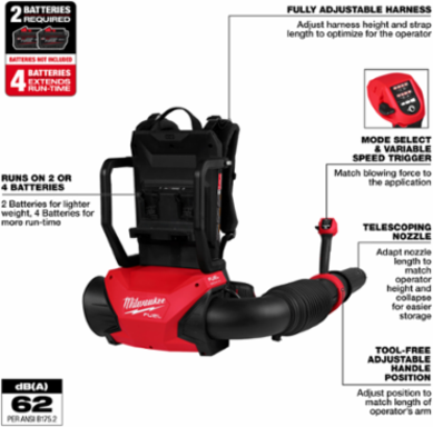 M18 FUEL™ Dual Battery Backpack Blower, 650 CFM, 155 MPH, 18.40 lbs