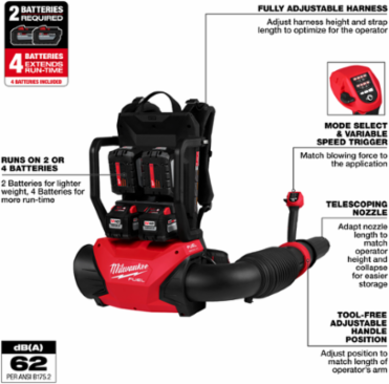 M18 FUEL™ Dual Battery Backpack Blower, 650 CFM, 155 MPH, 12 Inch Battery