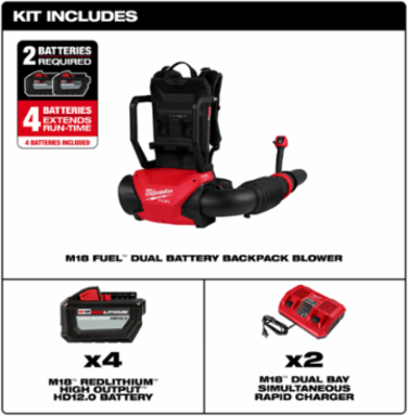 M18 FUEL™ Dual Battery Backpack Blower, 650 CFM, 155 MPH, 12 Inch Battery
