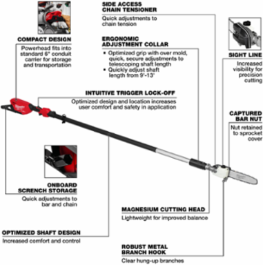 M18 FUELTM Telescoping Pole Saw 2.3HP 9-13 Foot Length 25m/s Chain Speed