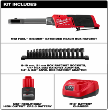 M12 FUEL INSIDER Extended Reach Box Ratchet Kit, 60 Ft-Lbs Torque, 350 RPM, 15.2 Inch Length