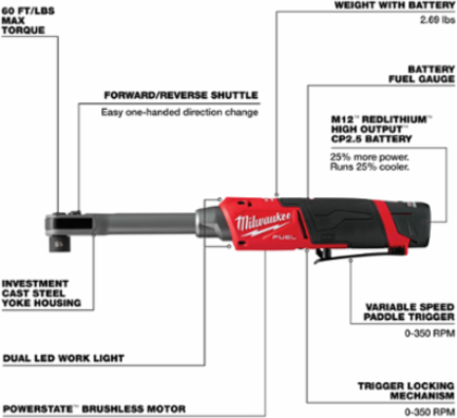 M12 FUEL INSIDER Extended Reach Box Ratchet Kit, 60 Ft-Lbs Torque, 350 RPM, 15.2 Inch Length