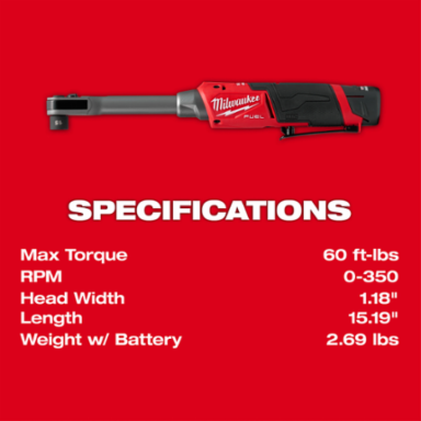 M12 FUEL INSIDER Extended Reach Box Ratchet Kit, 60 Ft-Lbs Torque, 350 RPM, 15.2 Inch Length