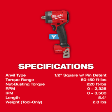 M18 FUELTM 1/2 Inch Compact Impact Wrench, 220 ft-lbs Torque, 2.8 lbs