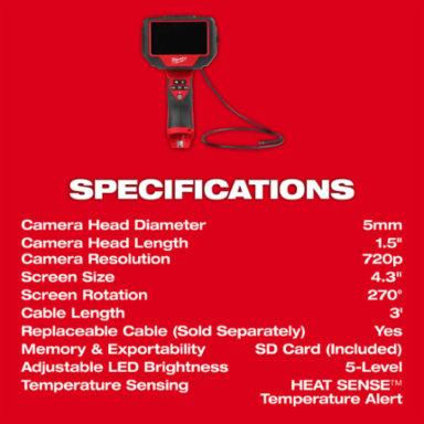 M12 Auto Technician Borescope, 5mm Camera, 3ft Cable, 4.3 Inch Screen