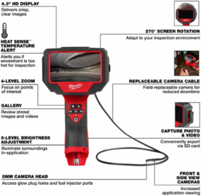 M12 Auto Technician Borescope, 5mm Camera, 3ft Cable, 4.3 Inch Screen