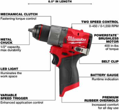 M12 FUEL 1/2 Inch Drill/Driver, 400 in-lbs Torque, 5.9 Inch Length
