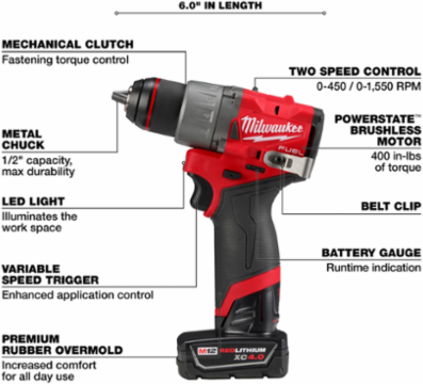 M12 FUEL 1/2 Inch Drill/Driver Kit, 400 in-lbs Torque, 1550 RPM, 2.5 lbs