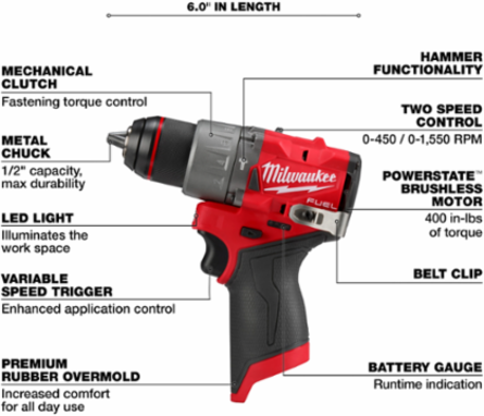 M12 FUEL 1/2 Inch Hammer Drill/Driver, 400 in-lbs Torque, 6 Inch Length