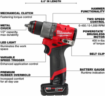M12 FUEL 1/2 Inch Hammer Drill/Driver Kit, 2.6 lbs, 33.33 ft-lbs Torque