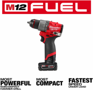 M12 FUEL 1/2 Inch Hammer Drill/Driver Kit, 2.6 lbs, 33.33 ft-lbs Torque