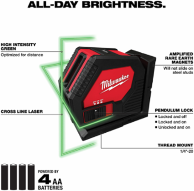 Green Cross Line Laser, 100 ft Range, Self-Leveling, 8+ Hour Runtime