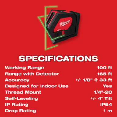 Green Cross Line Laser, 100 ft Range, Self-Leveling, 8+ Hour Runtime