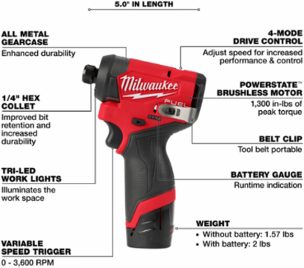 M12 FUEL™ 1/4 Inch Hex Impact Driver Kit, 1500 in-lbs Torque, 3600 RPM