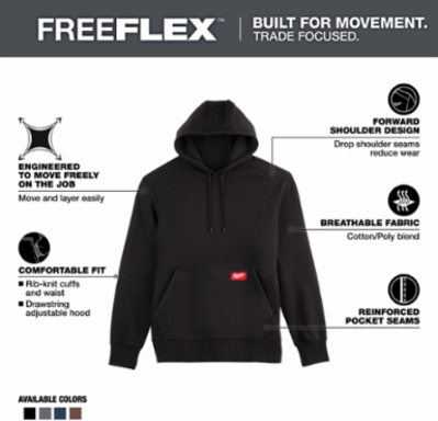 FREEFLEXTM Midweight Pullover Hoodie, Black, Size L, Cotton/Polyester