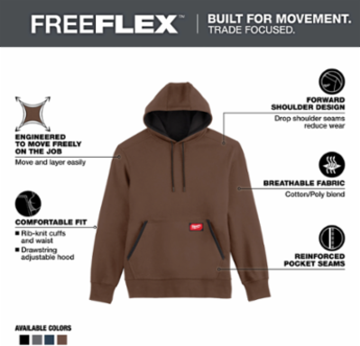 FREEFLEXTM Midweight Pullover Hoodie, Brown, Size 2X, Durable Cotton/Polyester