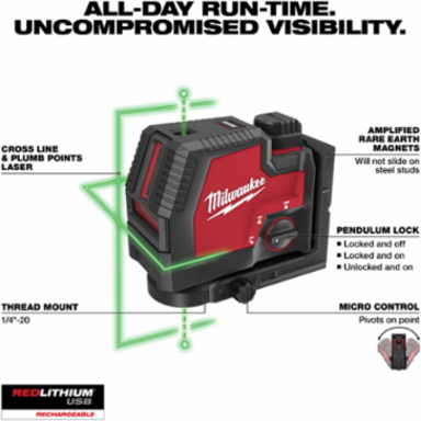 USB Rechargeable Green Cross Line Laser with 100 ft Range and Self Leveling