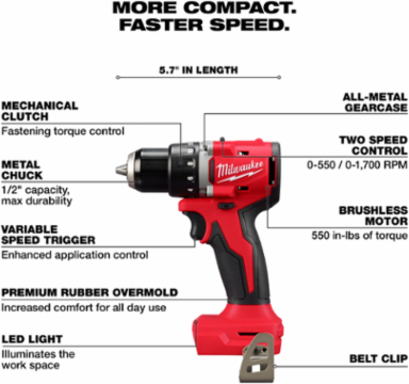 M18™ Compact Brushless Drill/Driver 1/2 Inch, 5.7 Inch Length, 2.3 lbs, 1700 RPM