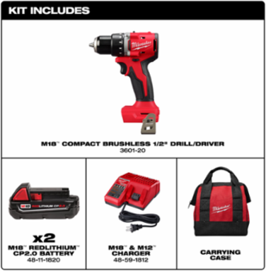 M18 Compact Brushless 1/2 Inch Drill/Driver Kit, 550 in-lbs Torque, 1700 RPM