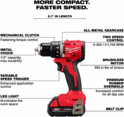 M18 Compact Brushless 1/2 Inch Drill/Driver Kit, 550 in-lbs Torque, 1700 RPM