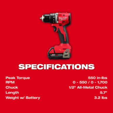 M18 Compact Brushless 1/2 Inch Drill/Driver Kit, 550 in-lbs Torque, 1700 RPM