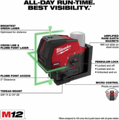 M12 Green Cross Line & Plumb Points Laser, 125 ft Range, Self-Leveling
