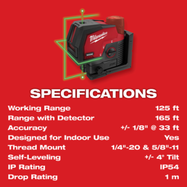 M12 Green Cross Line & Plumb Points Laser, 125 ft Range, Self-Leveling