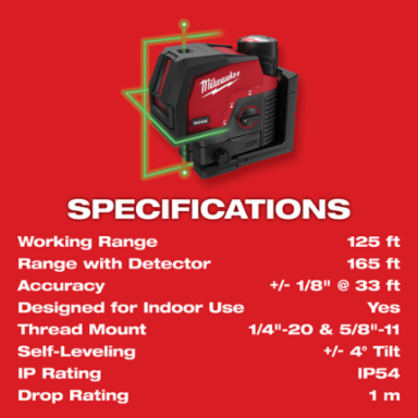 M12 Green Cross Line & Plumb Points Laser, 125 ft Range, 15+ Hours Runtime