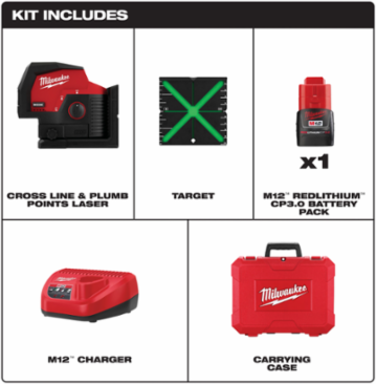 M12 Green Cross Line & Plumb Points Laser, 125 ft Range, 15+ Hours Runtime