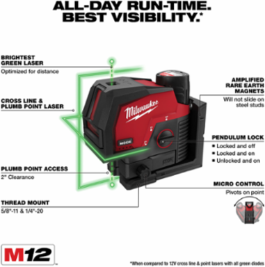 M12 Green Cross Line & Plumb Points Laser, 125 ft Range, 15+ Hours Runtime