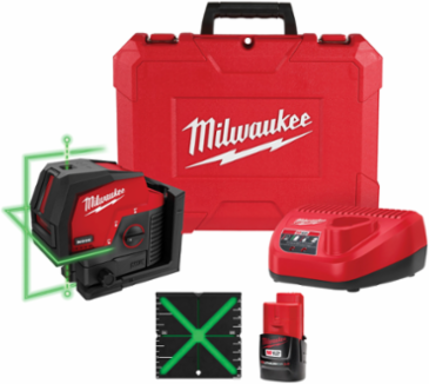M12 Green Cross Line & Plumb Points Laser, 125 ft Range, 15+ Hours Runtime