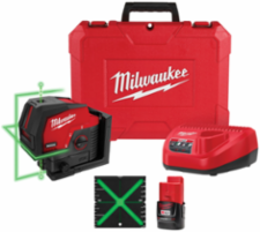 M12 Green Cross Line & Plumb Points Laser, 125 ft Range, 15+ Hours Runtime