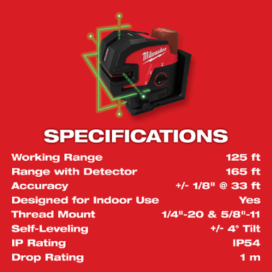 M12 Green Laser Level - 125 ft Reach, Self-Leveling, IP54 Rated