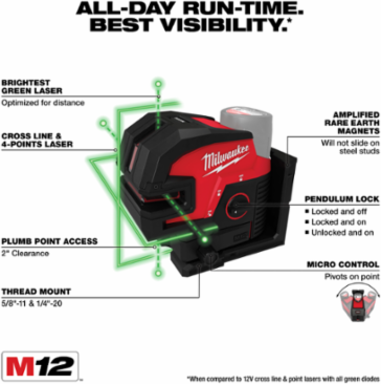 M12 Green Laser Level - 125 ft Reach, Self-Leveling, IP54 Rated