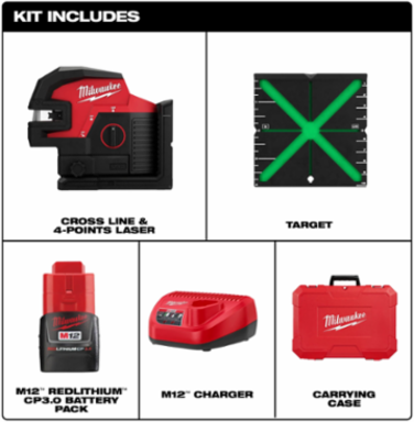 M12 Green Cross Line & 4-Point Laser Kit, 125 ft Working Range, 12 Volt Battery