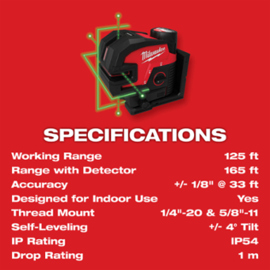 M12 Green Cross Line & 4-Point Laser Kit, 125 ft Working Range, 12 Volt Battery
