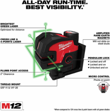 M12 Green Cross Line & 4-Point Laser Kit, 125 ft Working Range, 12 Volt Battery
