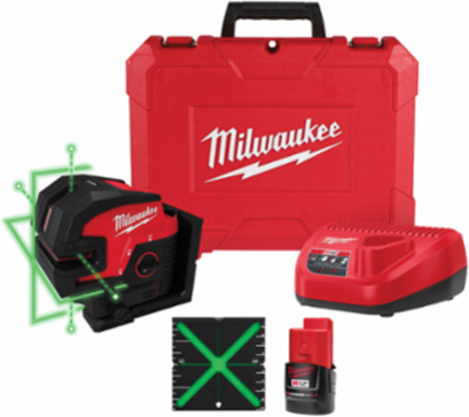 M12 Green Cross Line & 4-Point Laser Kit, 125 ft Working Range, 12 Volt Battery