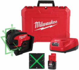 M12 Green Cross Line & 4-Point Laser Kit, 125 ft Working Range, 12 Volt Battery