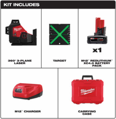 M12 Green 360  3-Plane Laser Kit, 125 ft Range, Self-Leveling, 15+ Hours Runtime
