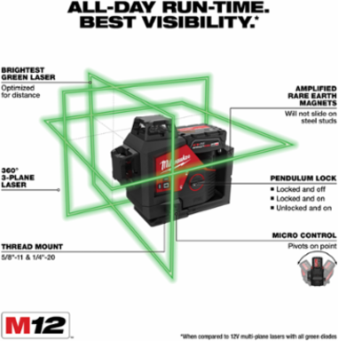 M12 Green 360  3-Plane Laser Kit, 125 ft Range, Self-Leveling, 15+ Hours Runtime