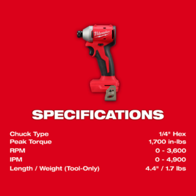 M18 Compact Brushless 1/4 Inch Hex Impact Driver, 1700 in-lbs Torque, 3600 RPM, 4.4 Inch Length