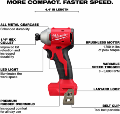 M18 Compact Brushless 1/4 Inch Hex Impact Driver, 1700 in-lbs Torque, 3600 RPM, 4.4 Inch Length
