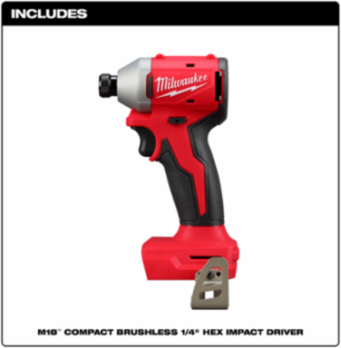 M18 Compact Brushless 1/4 Inch Hex Impact Driver, 1700 in-lbs Torque, 3600 RPM, 4.4 Inch Length