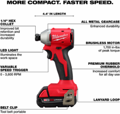 M18™ Compact Brushless 1/4 Inch Hex Impact Driver Kit, 1700 in-lbs Torque, 3600 RPM