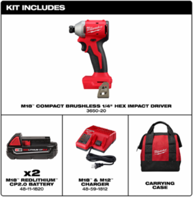 M18™ Compact Brushless 1/4 Inch Hex Impact Driver Kit, 1700 in-lbs Torque, 3600 RPM