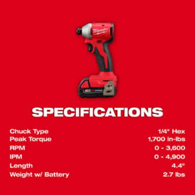 M18TM Compact Brushless 1/4 Inch Hex Impact Driver Kit, 1700 in-lbs Torque, 3600 RPM