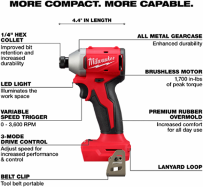 M18TM Compact Brushless 1/4 Inch Hex 3-Speed Impact Driver, 1,700 in-lbs Torque, 3600 RPM