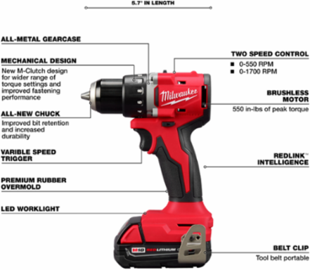M18TM Compact Brushless 2-Tool Combo Kit, 1/2 Inch Drill, 1/4 Inch Impact, 550 in-lbs Torque