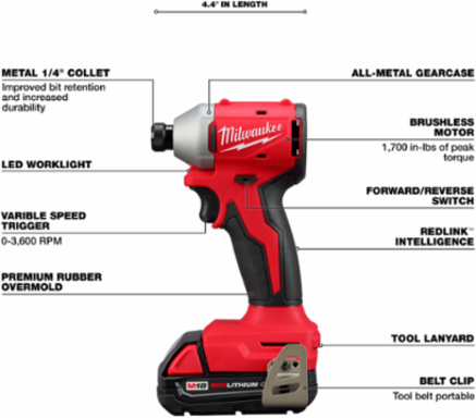 M18TM Compact Brushless 2-Tool Combo Kit, 1/2 Inch Drill, 1/4 Inch Impact, 550 in-lbs Torque